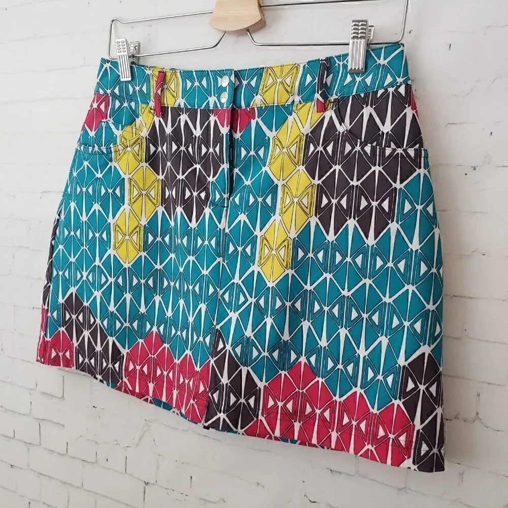 Slazenger Golf Skort Size 2 Geometric Teal Blue Yellow Pink Built In Short Skirt